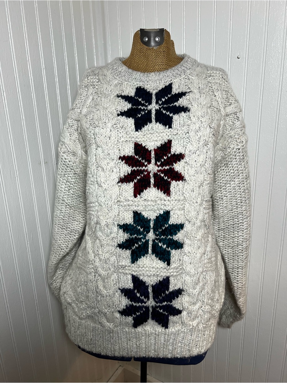 St. John’s Bay Cream Cable-Knit Sweater with Navy, Burgundy & Teal Snowflakes